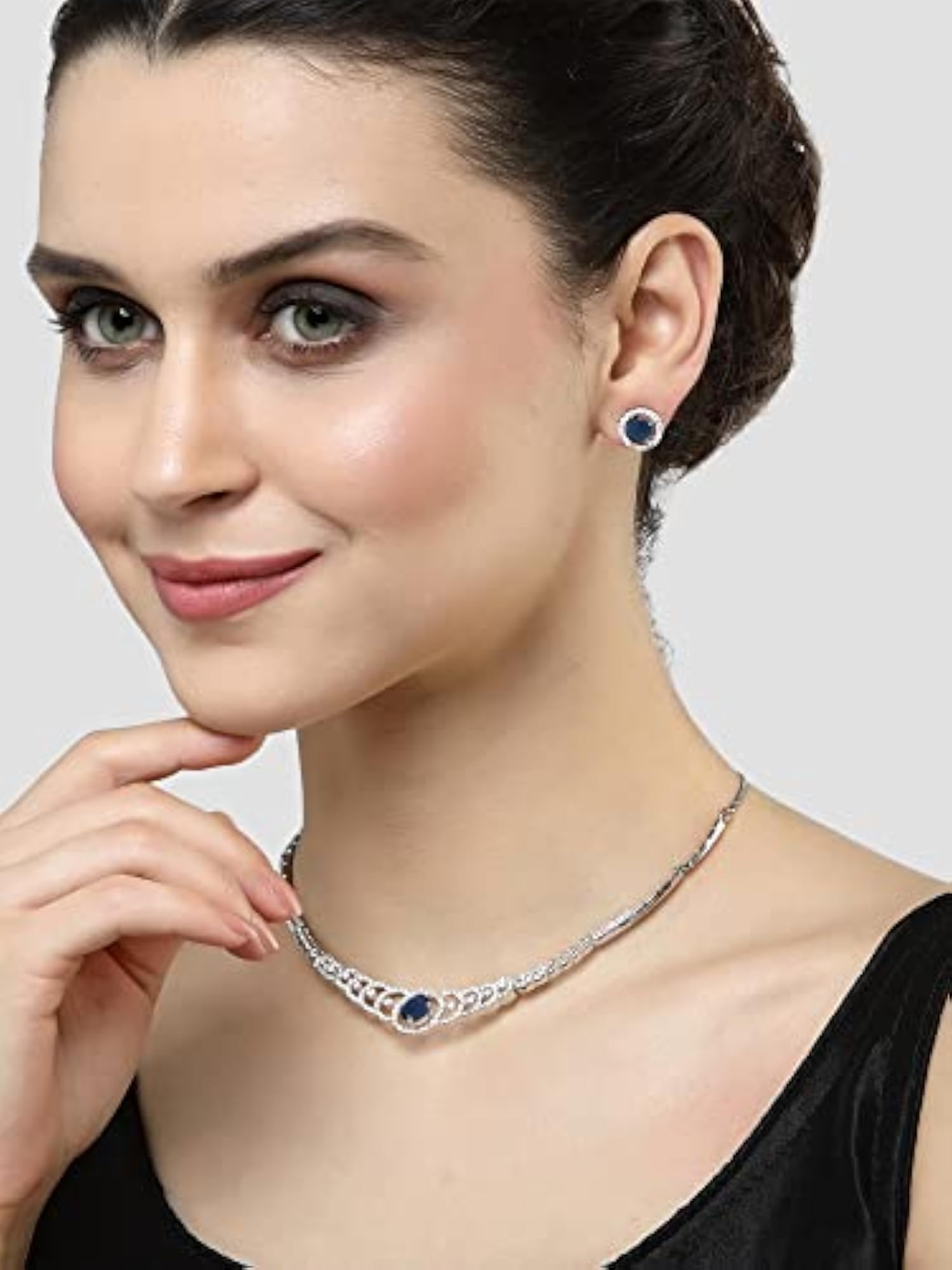 Women's Silver Tone Pink American Diamond Necklace Set